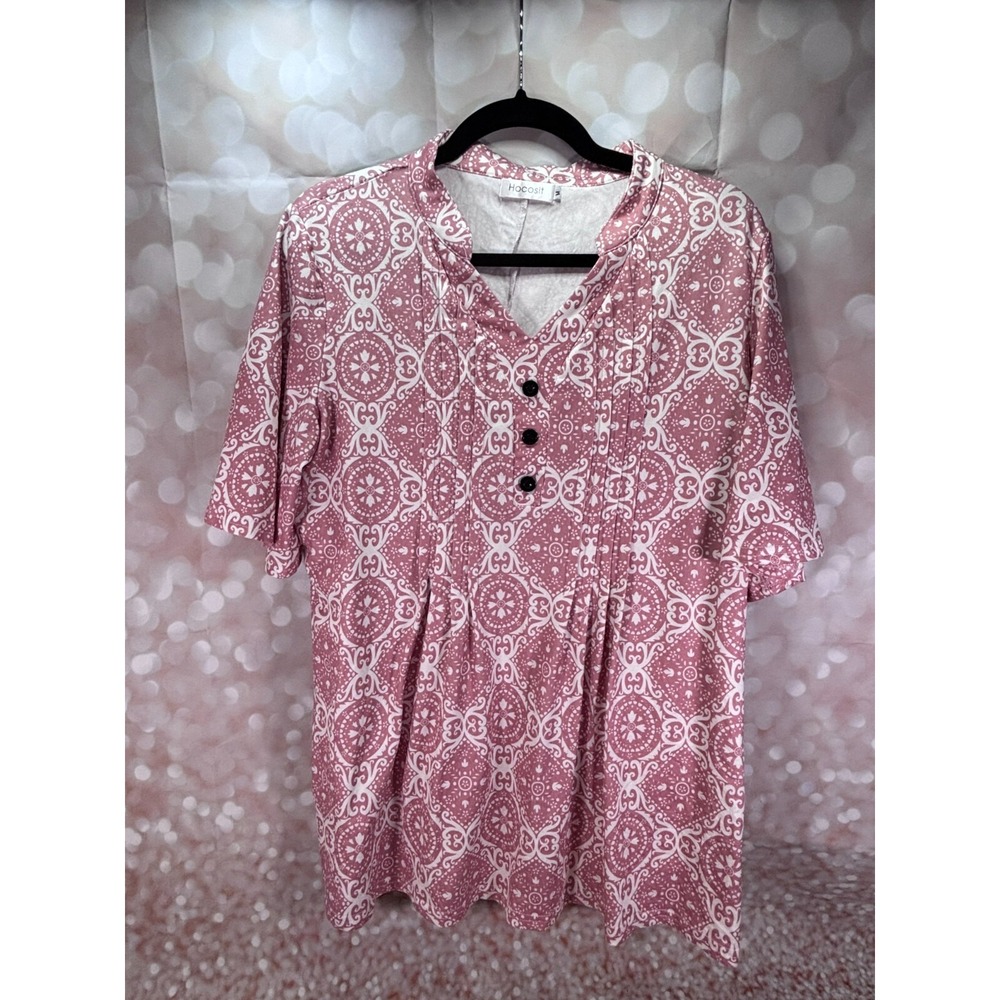 Womens MED Flutter Sleeve Pintuck with Button Placket Stretch Top Pink on White‎